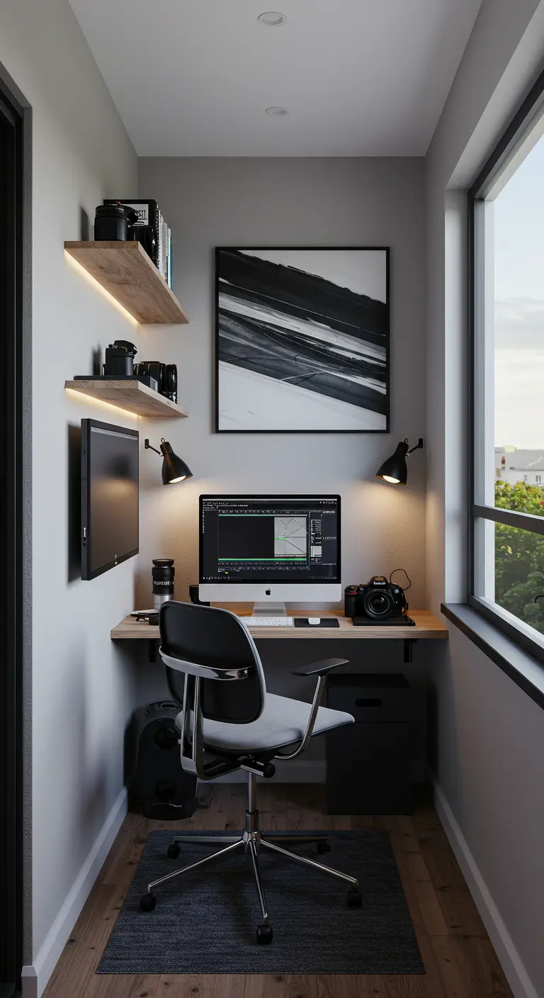 Modern, smal balkon ingericht als thuiskantoor met computer, strakke planken en uitzicht.