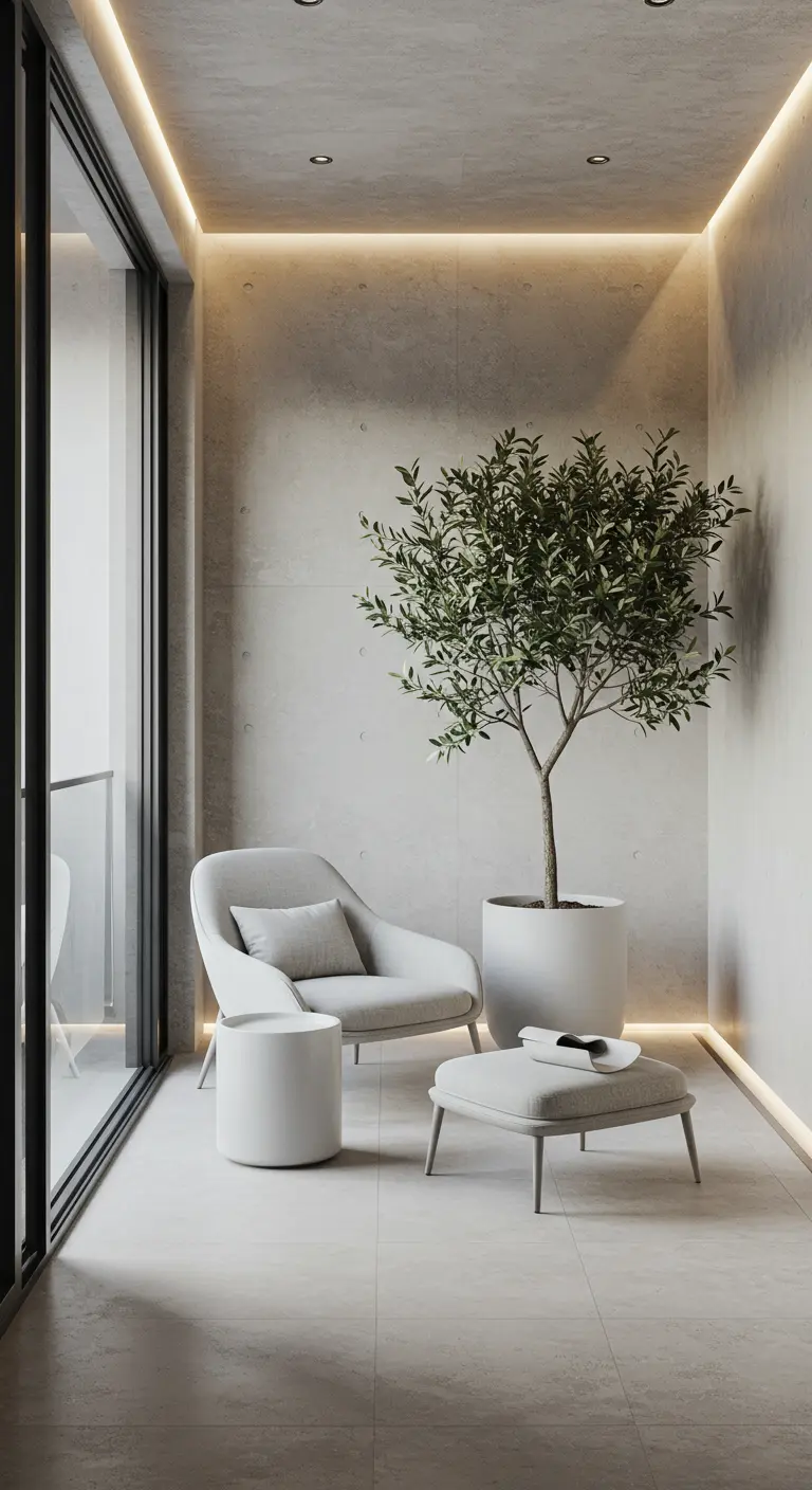 Strak, modern balkon met één grijze fauteuil, een olijfboom in pot en indirecte verlichting.