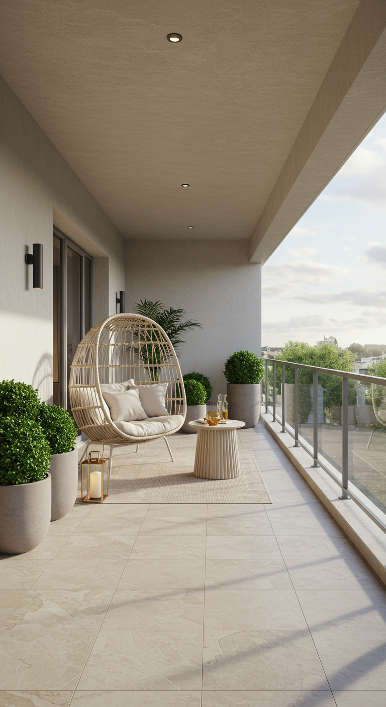 Lichte rotan hangstoel op ruim balkon met naturel tinten, grote plantenpotten en een houten tafeltje.