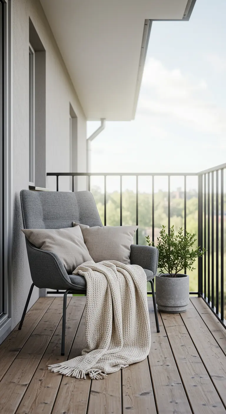 Moderne grijze fauteuil met beige kussens en een lichtgekleurd plaid op een houten balkonvloer.
