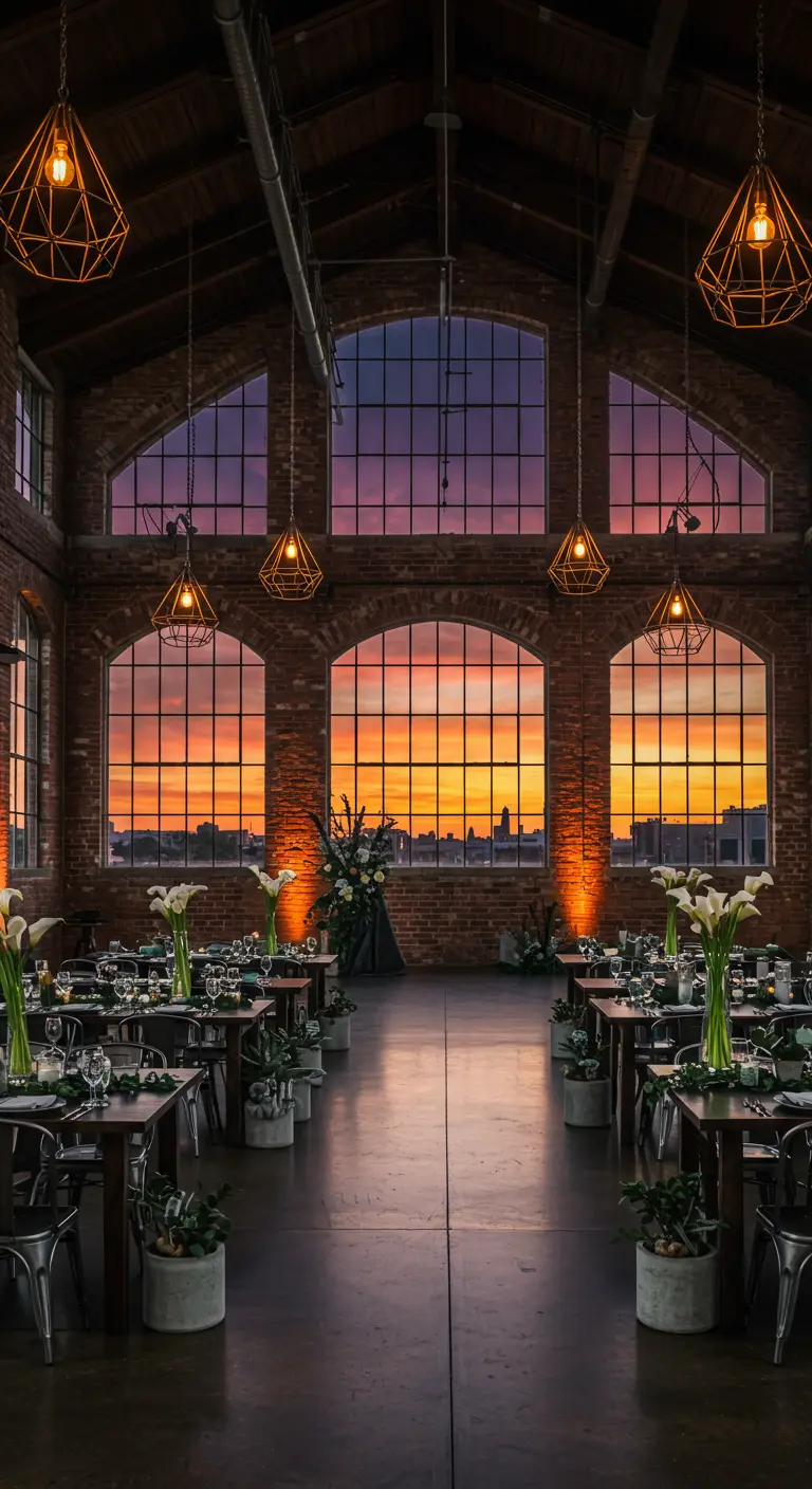 Industriële zaal met grote ramen, zonsondergang, minimalistische witte bloemdecoraties en gouden lichten.