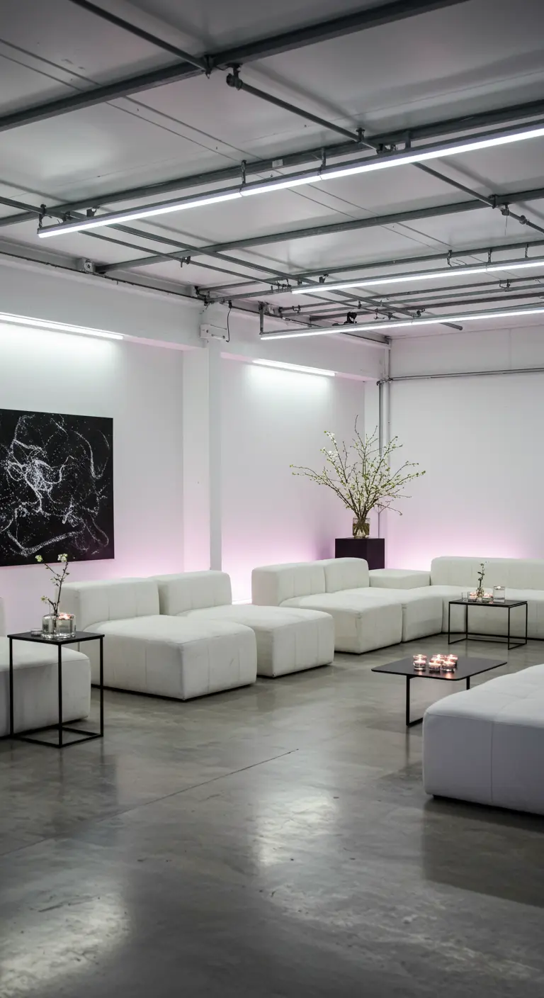 Minimalistische witte lounge in garage met strakke banken en paarse accentverlichting.
