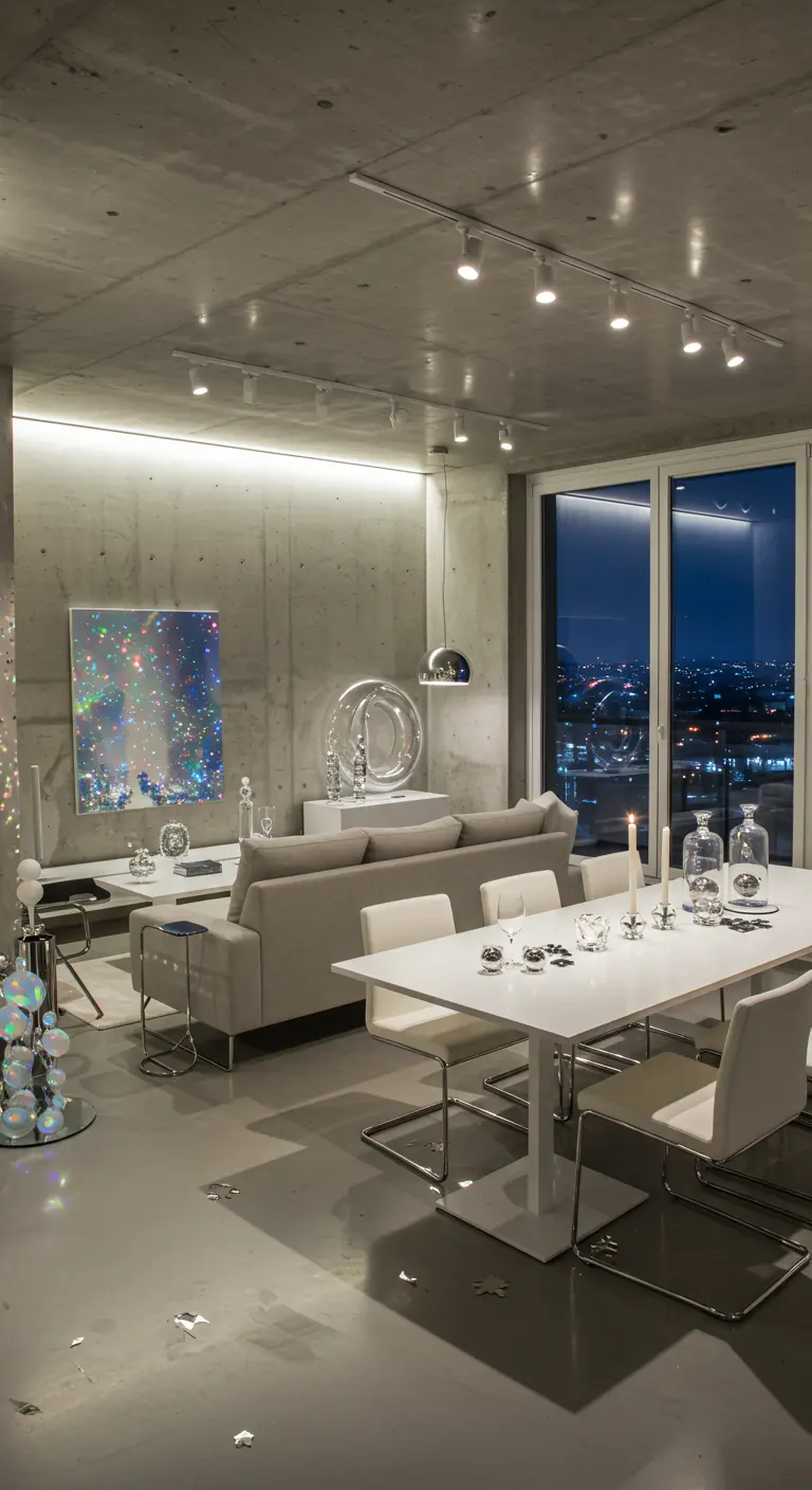 Moderne woonkamer met witte meubels, zilveren decoratie en glitter op de vloer.