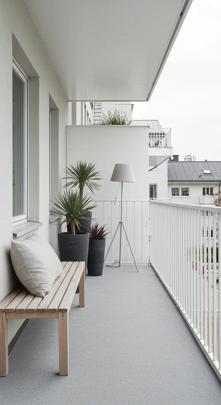 Minimalistisch balkon met houten bankje, kussen, grote plantenpotten met palmen en een vloerlamp.