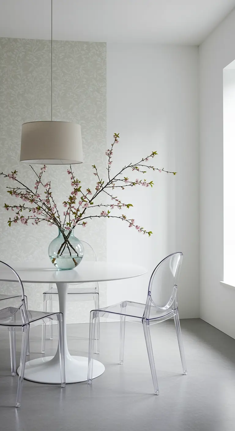 Minimalistische eetkamer met witte ronde tafel, transparante stoelen, bloeiende takken en een subtiele bladprint op de muur.
