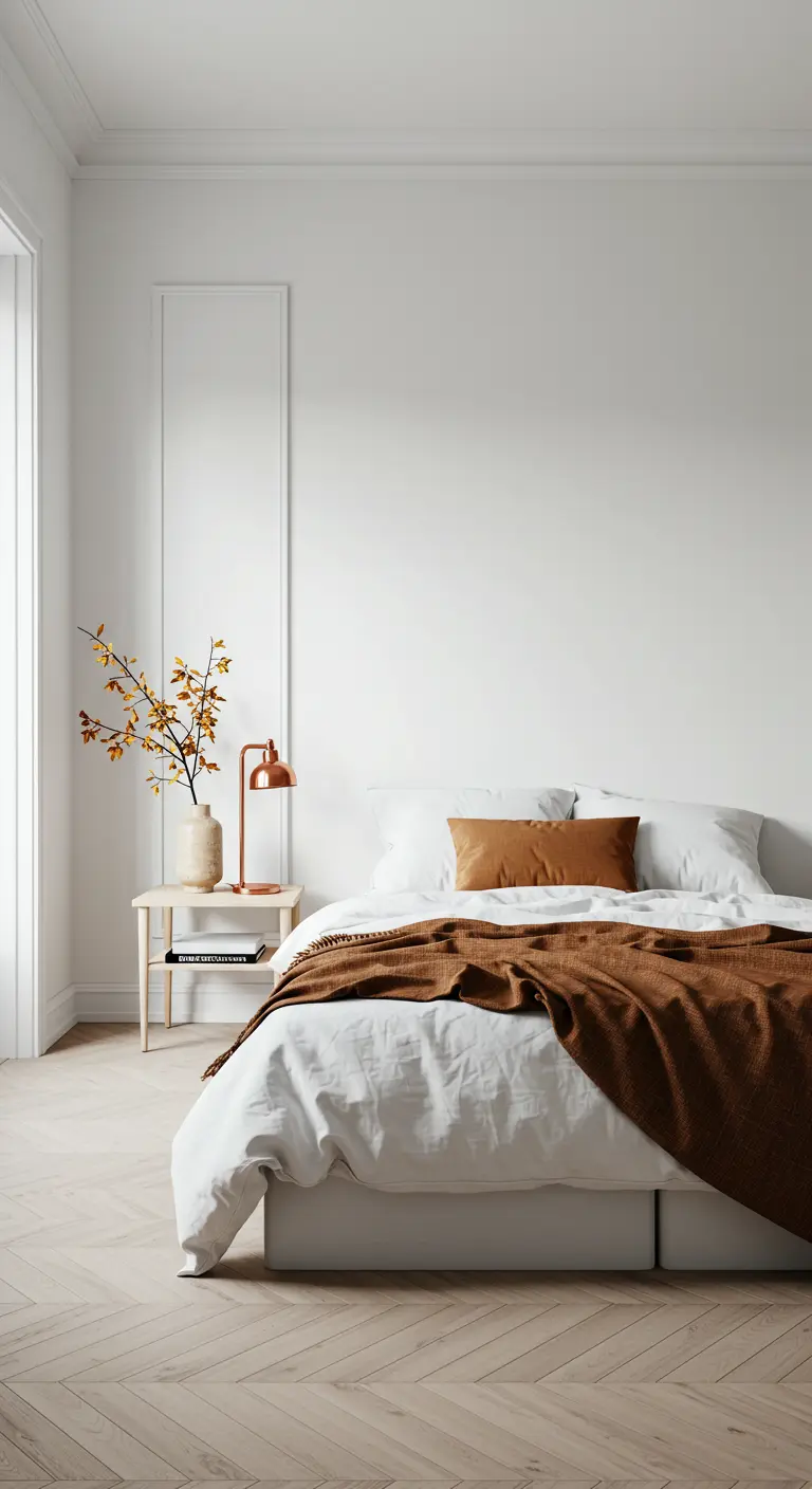 Minimalistische slaapkamer met wit bed, bruine sprei, koperen lamp en herfsttakken.