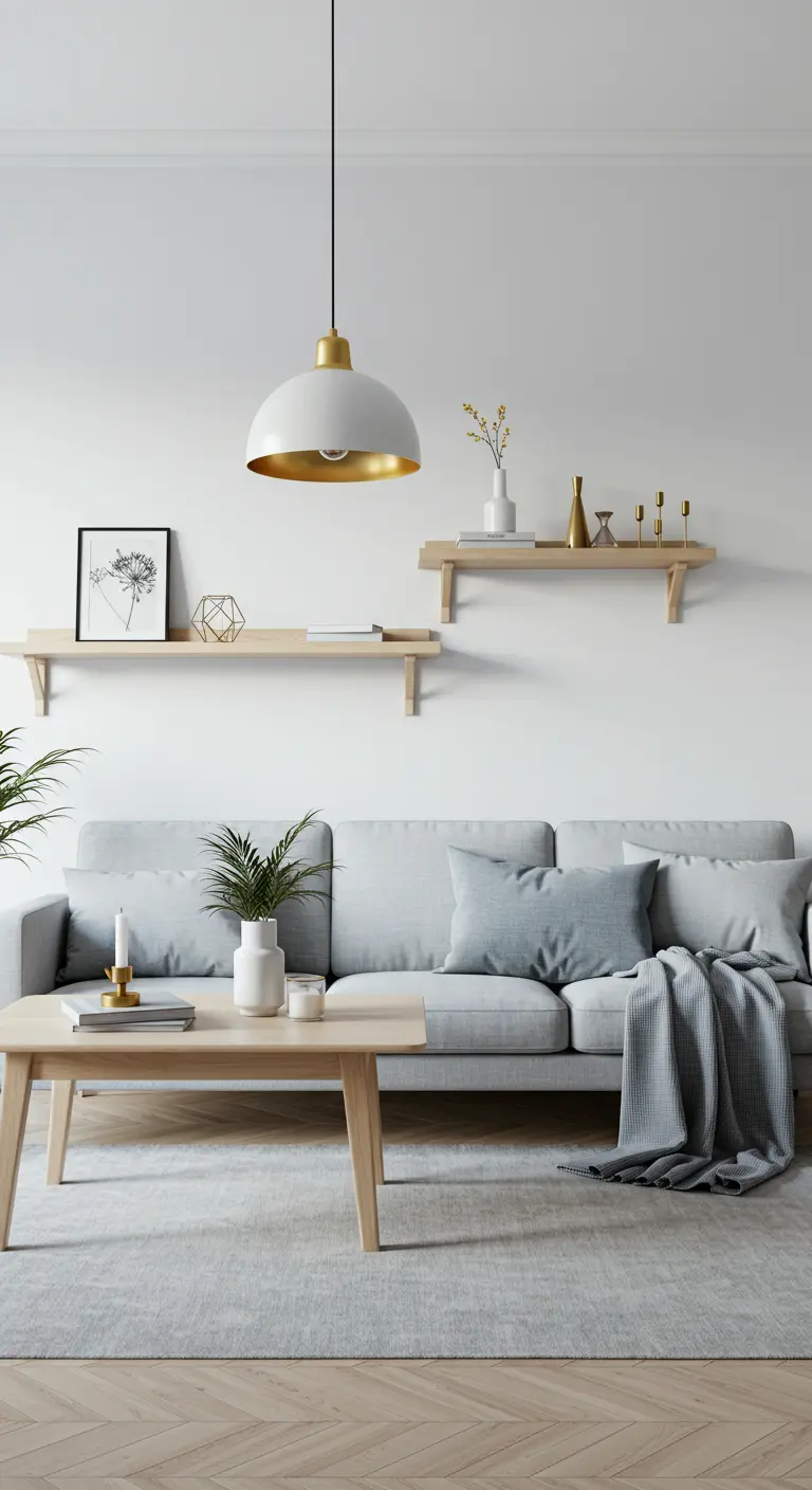 Lichte woonkamer met grijze bank, houten planken en een witte hanglamp met gouden binnenkant.