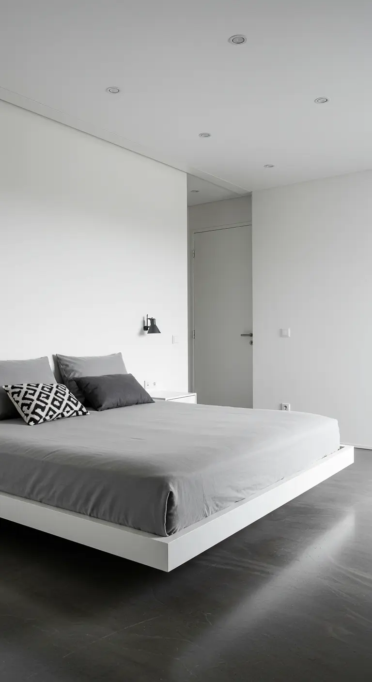 Minimalistisch grijs bed op laag wit frame in een strakke, witte slaapkamer.