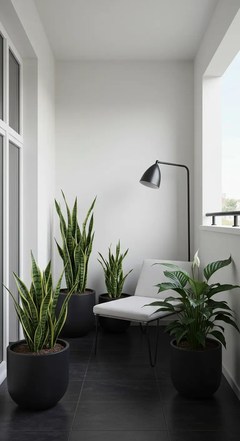 Strak, modern balkon met Sansevieria's en een Lepelplant in donkere potten.