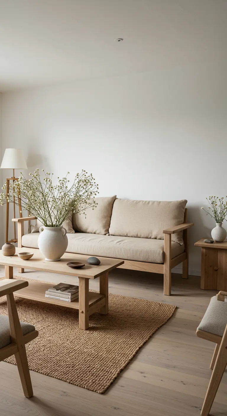 Lichte woonkamer met houten bank, jute kleed en minimalistische bloemdecoratie.