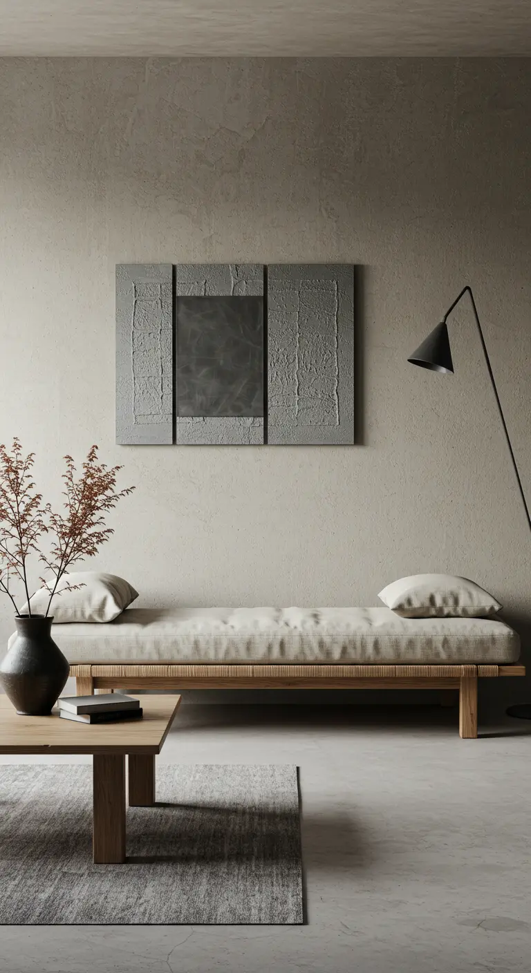Minimalistische ruimte met een daybed met lichte kussens en een gestructureerde muur.