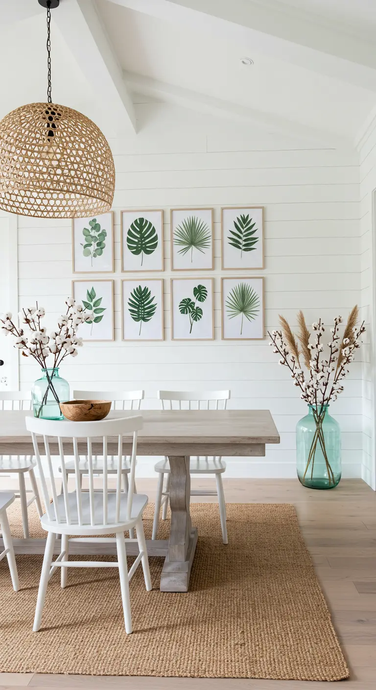 Minimalistische eetkamer met donkere vloer, glazen tafel, grijze stoelen, kale takken in een vaas en een grote bladprint.