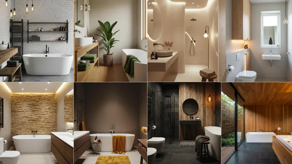 Collage van minimalistische maar warme badkamers met bad en natuurlijke materialen.