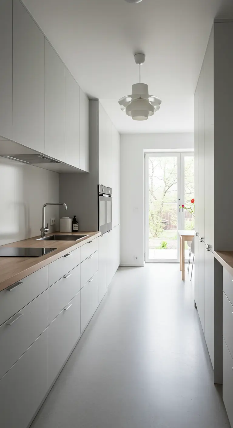 Lange, smalle minimalistische Scandinavische keuken in wit en licht hout.