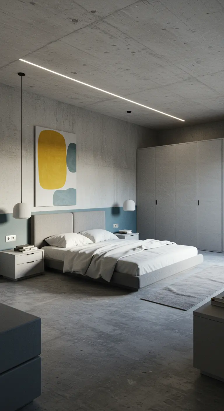 Betonnen minimalistische slaapkamer met geel-blauw abstract kunstwerk en ledverlichting.