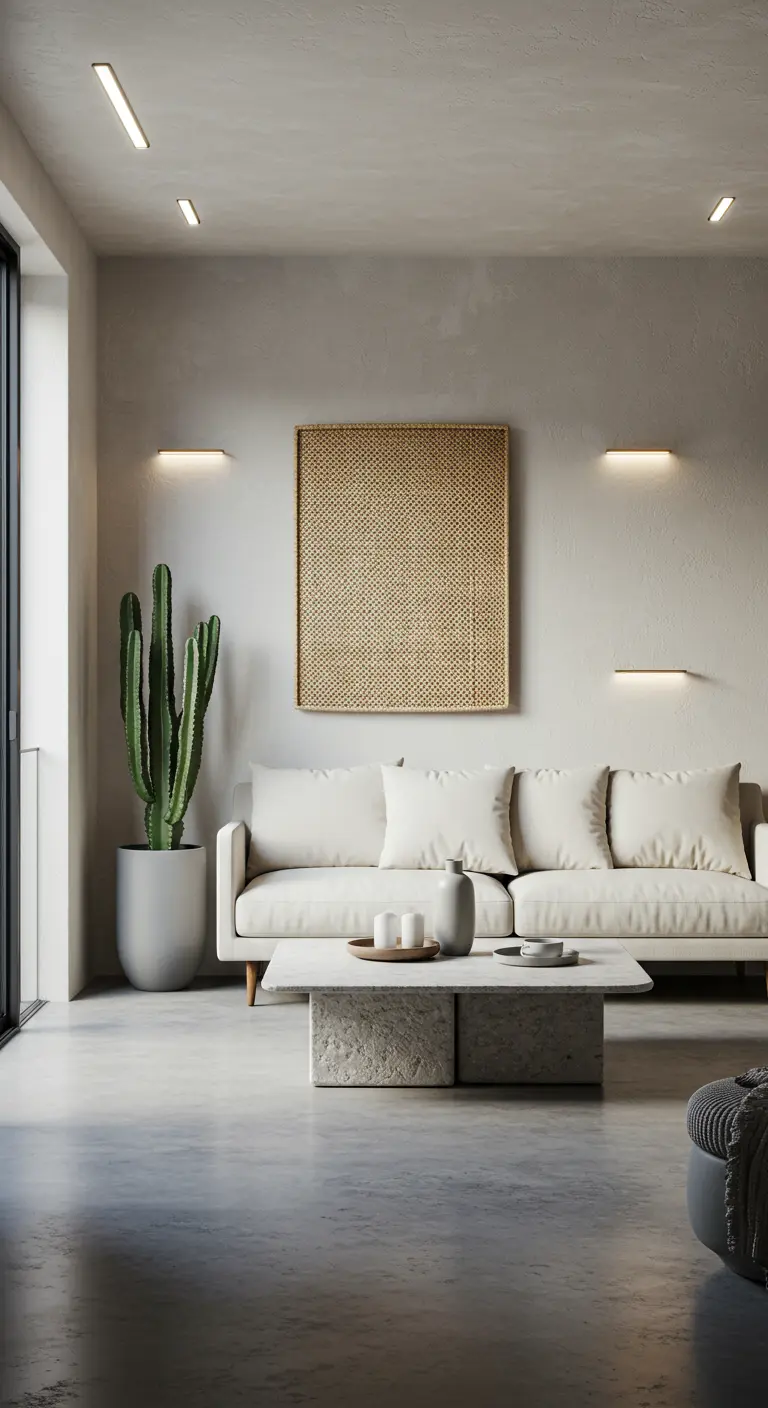 Minimalistisch interieur met witte bank, betonnen tafel, cactus en geweven wanddecoratie.