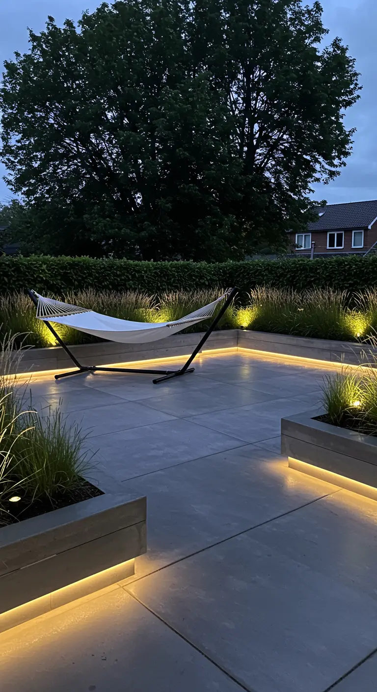 Moderne tuin met witte hangmat in standaard en LED-verlichting langs borders bij schemering.