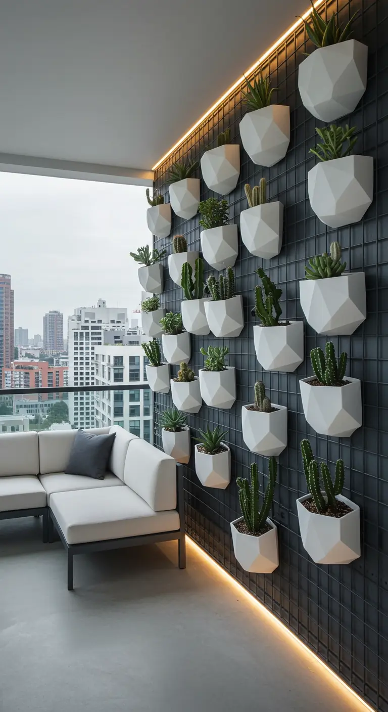 Verticale tuin met zwarte roosterwand en witte geometrische potten vol cactussen en succulents.