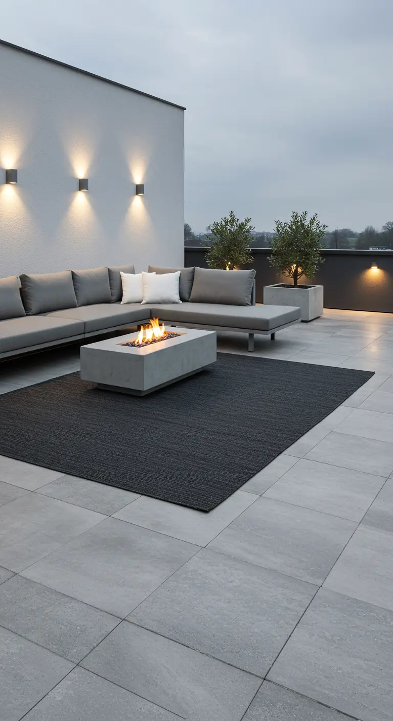 Strak modern terras met grijze loungeset, donkergrijs buitenkleed en een centrale vuurtafel.
