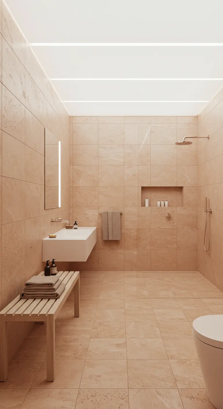 Badkamer met lichte terracotta tegels, witte zwevende wastafel, houten bankje, inloopdouche.