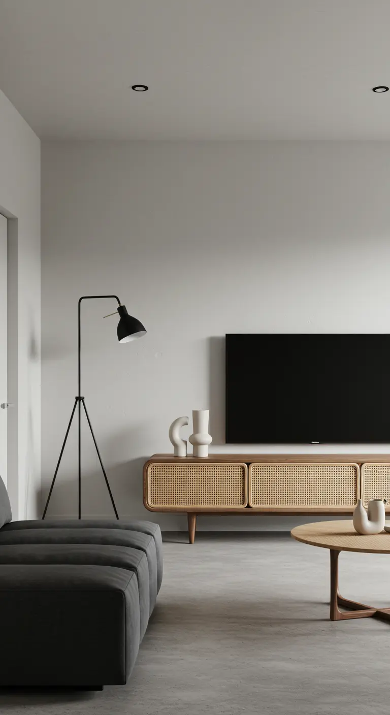 Minimalistische woonkamer met een strak tv-meubel met rotan webbing deurtjes.