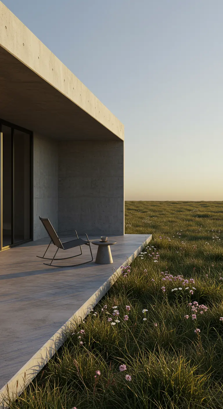 Minimalistische donkergrijze schommelstoel op een strak betonnen terras met uitzicht op een groen veld met roze bloemen.