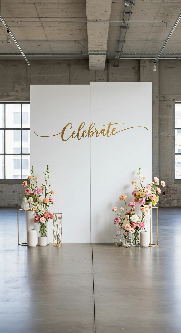 Minimalistische witte backdrop met 'Celebrate' in goud en moderne bloemstukken.