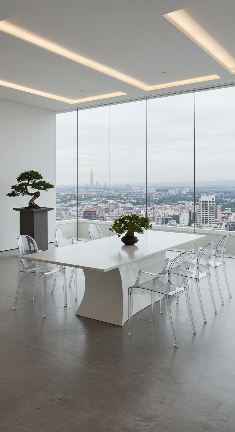 Minimalistische eetruimte met grote witte asymmetrische tafel en transparante stoelen.