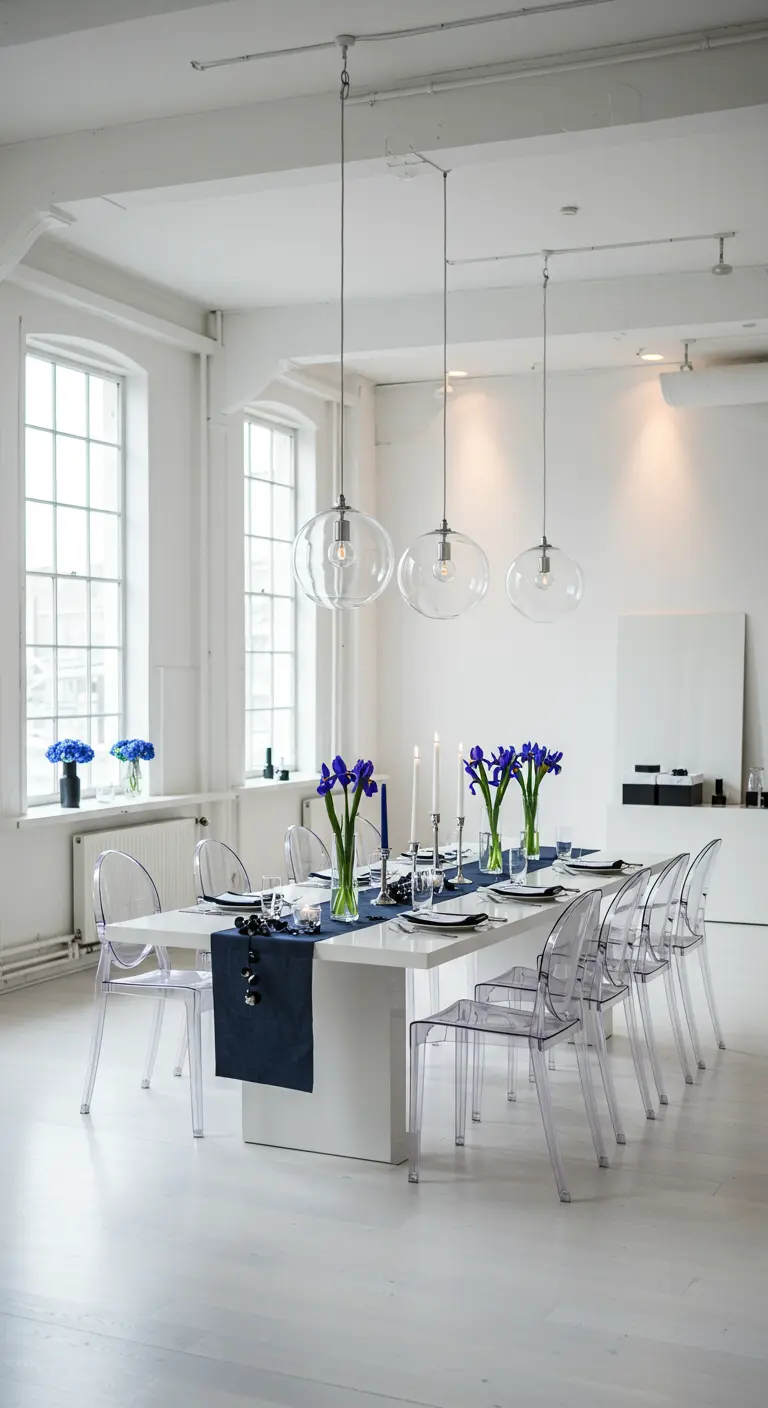 Modern gedekte eettafel met blauwe loper, paarse irissen en transparante stoelen in lichte ruimte.