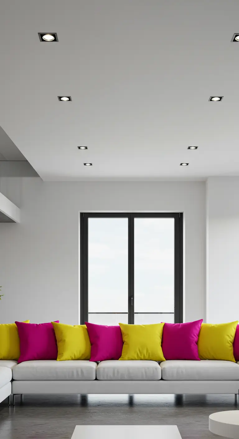 Witte bank met felroze en gele effen kussens in een strakke, minimalistische woonkamer.