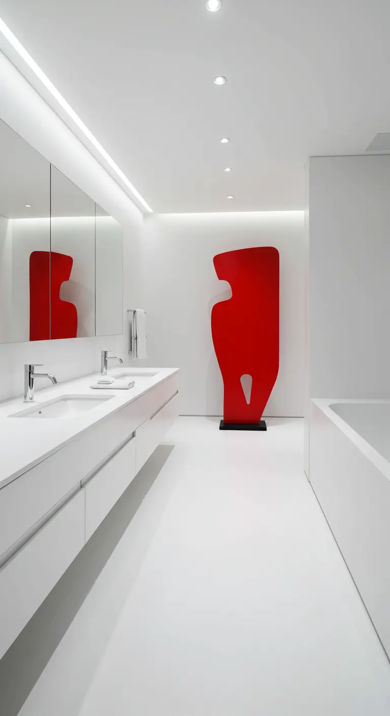 Smetteloos witte, minimalistische badkamer met een opvallende, abstracte rode sculptuur.