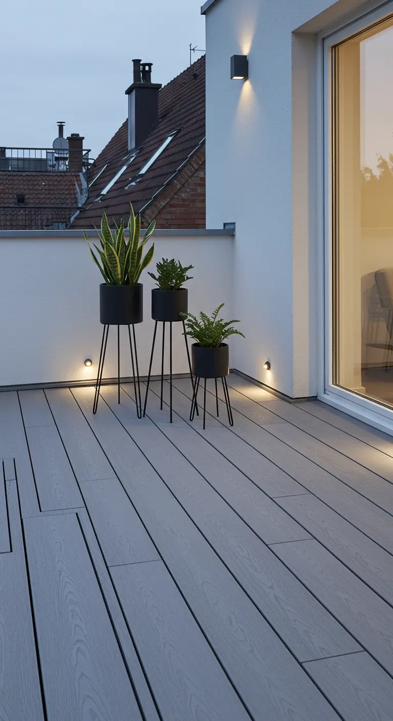 Drie zwarte minimalistische plantenstandaards met groene planten op een modern terras.