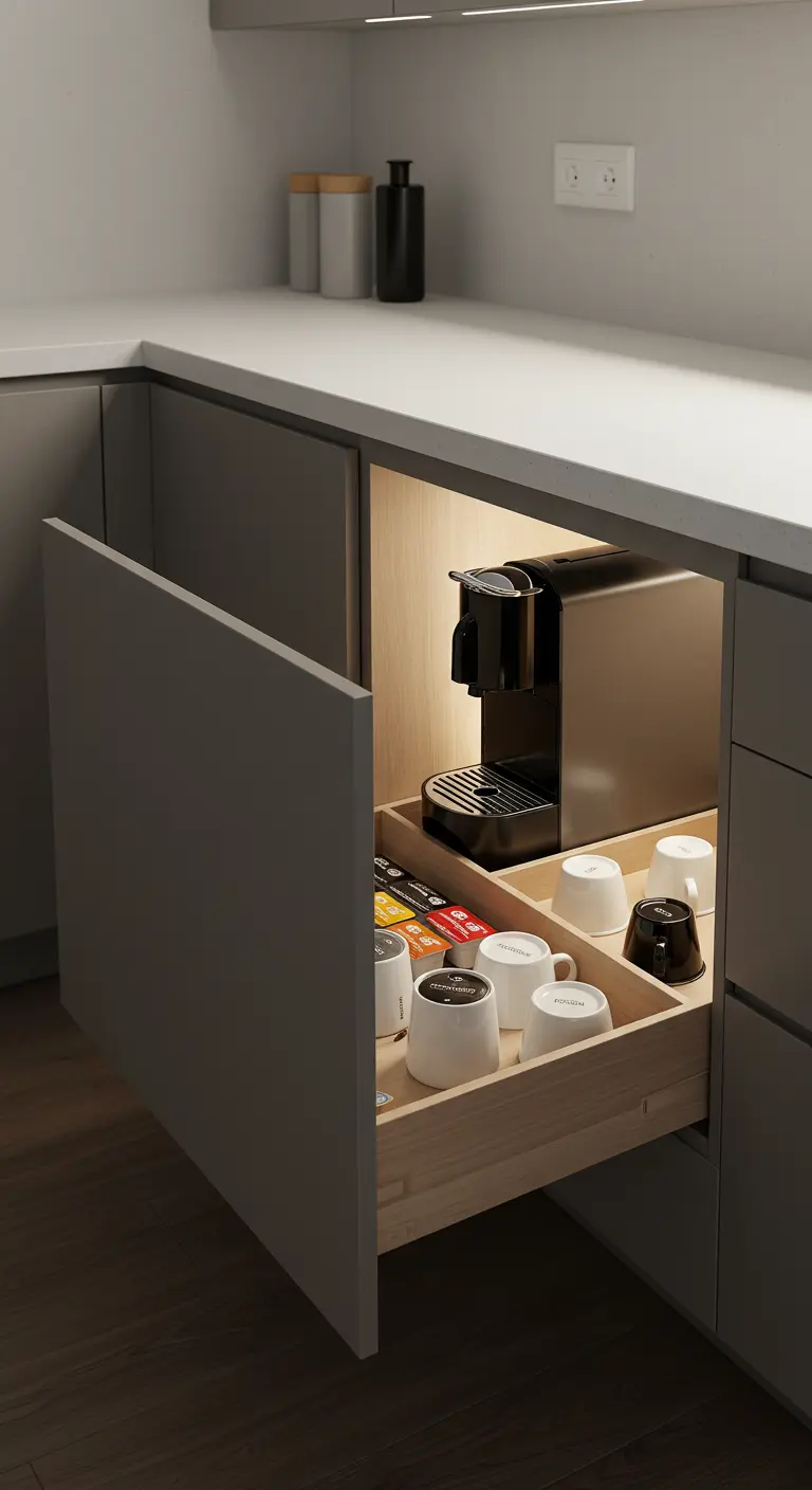 Diepe keukenlade met ingebouwde koffiecupjesmachine en mokken, minimalistisch verborgen.