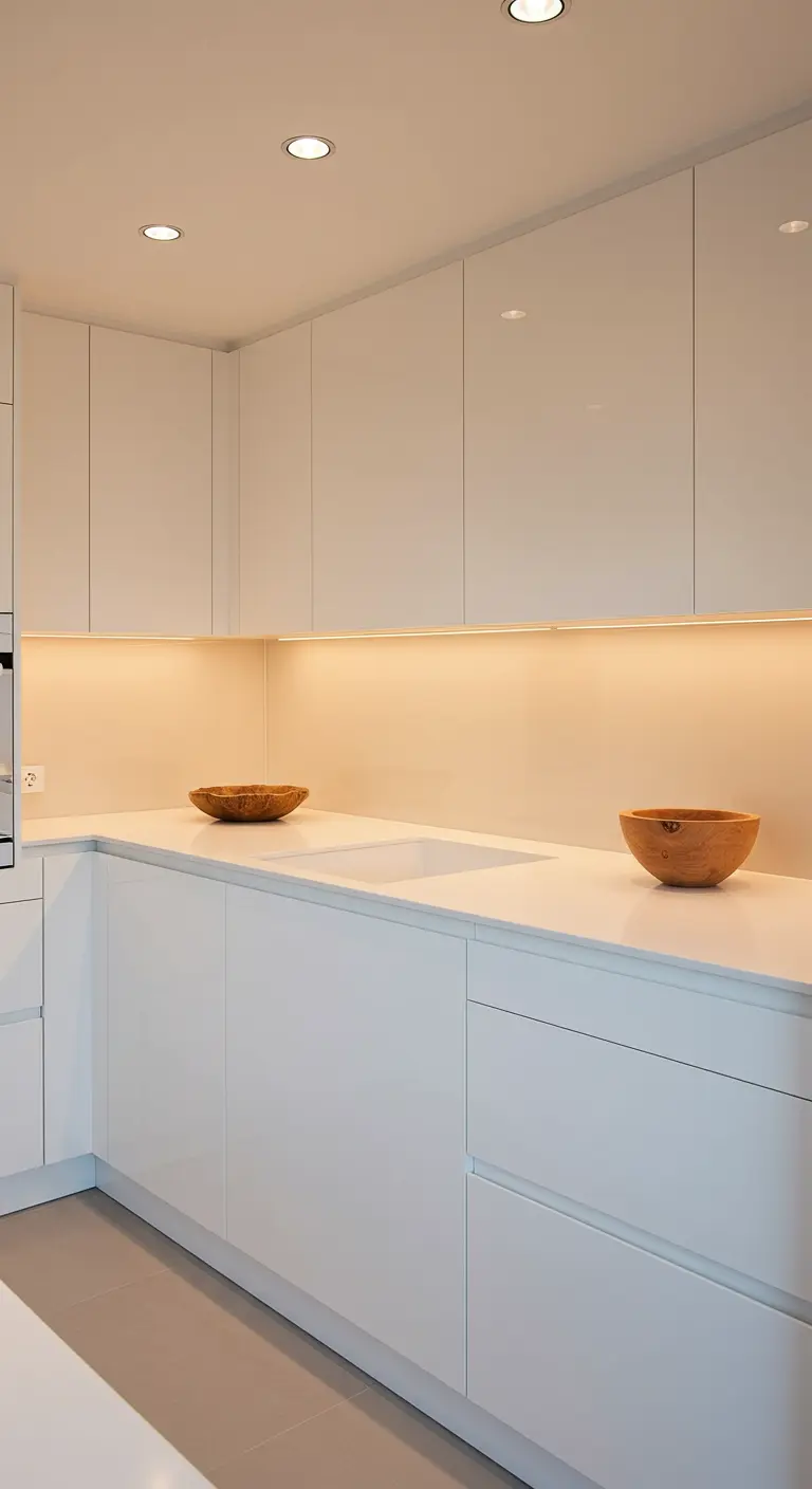 Strakke witte keuken met een zacht crèmekleurige glazen achterwand en houten schalen.