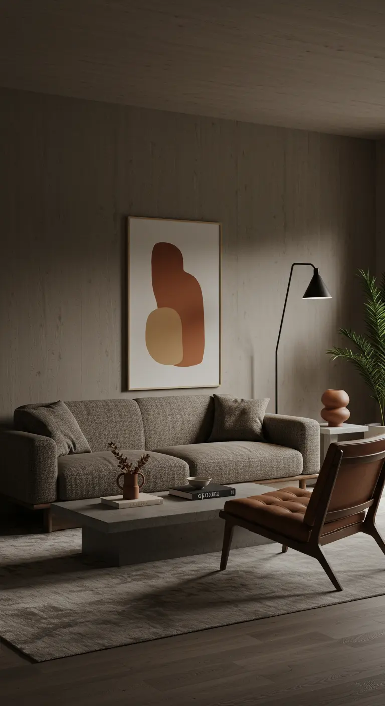 Minimalistische woonkamer in grijstinten met abstracte kunst en design meubels.