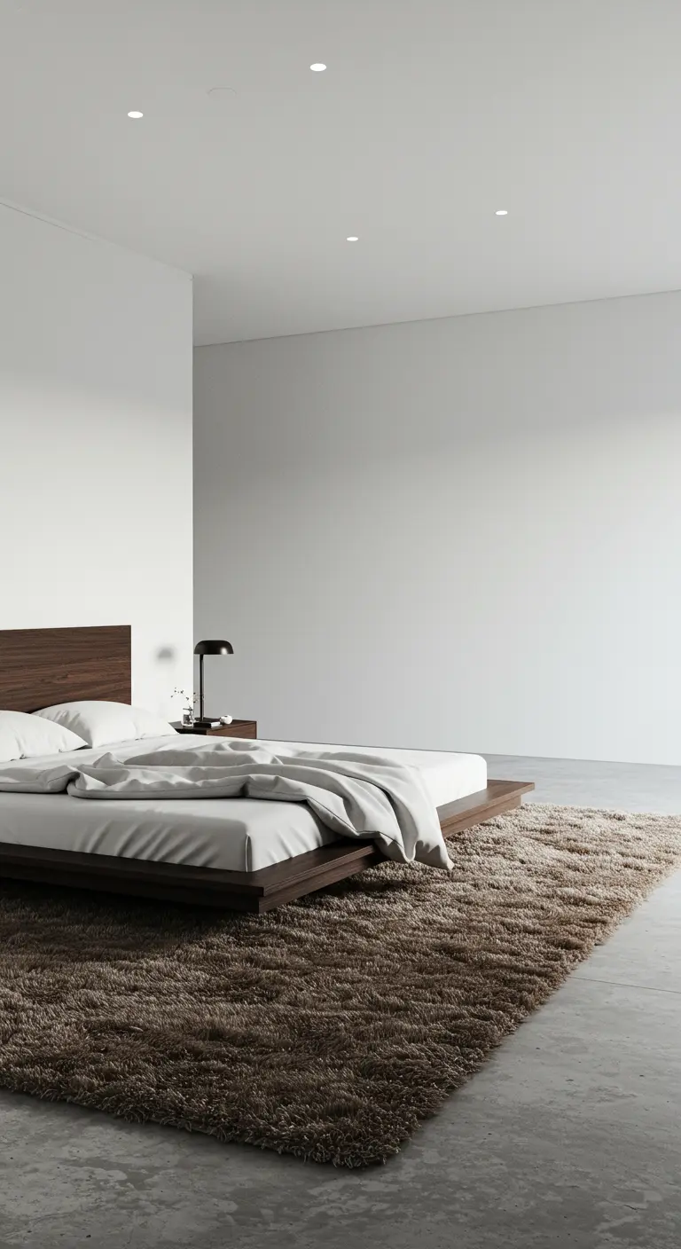 Minimalistische slaapkamer met groot bruin shaggy tapijt en houten bed.