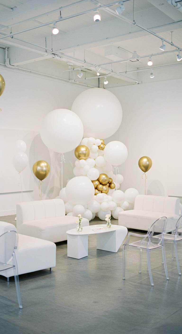Witte en gouden ballonnen in een minimalistische witte lounge setting.