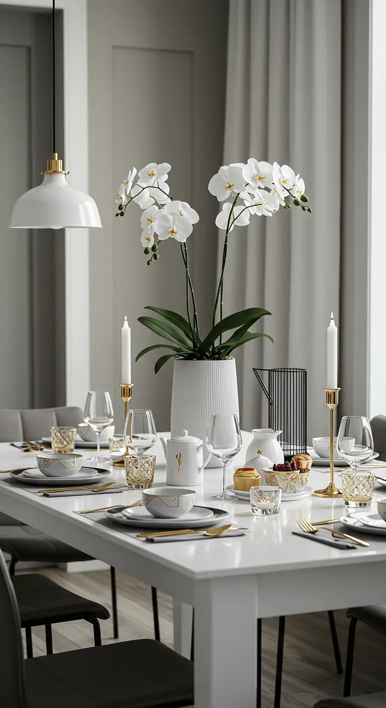 Moderne witte eettafel met witte orchidee, goudkleurig bestek en witte kaarsen.