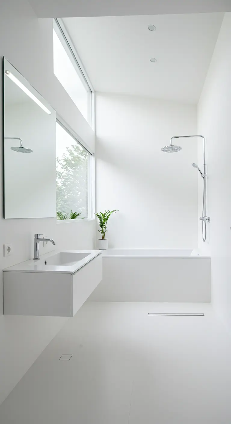 Minimalistische witte badkamer met smalle hoge ramen en modern zwevend sanitair.