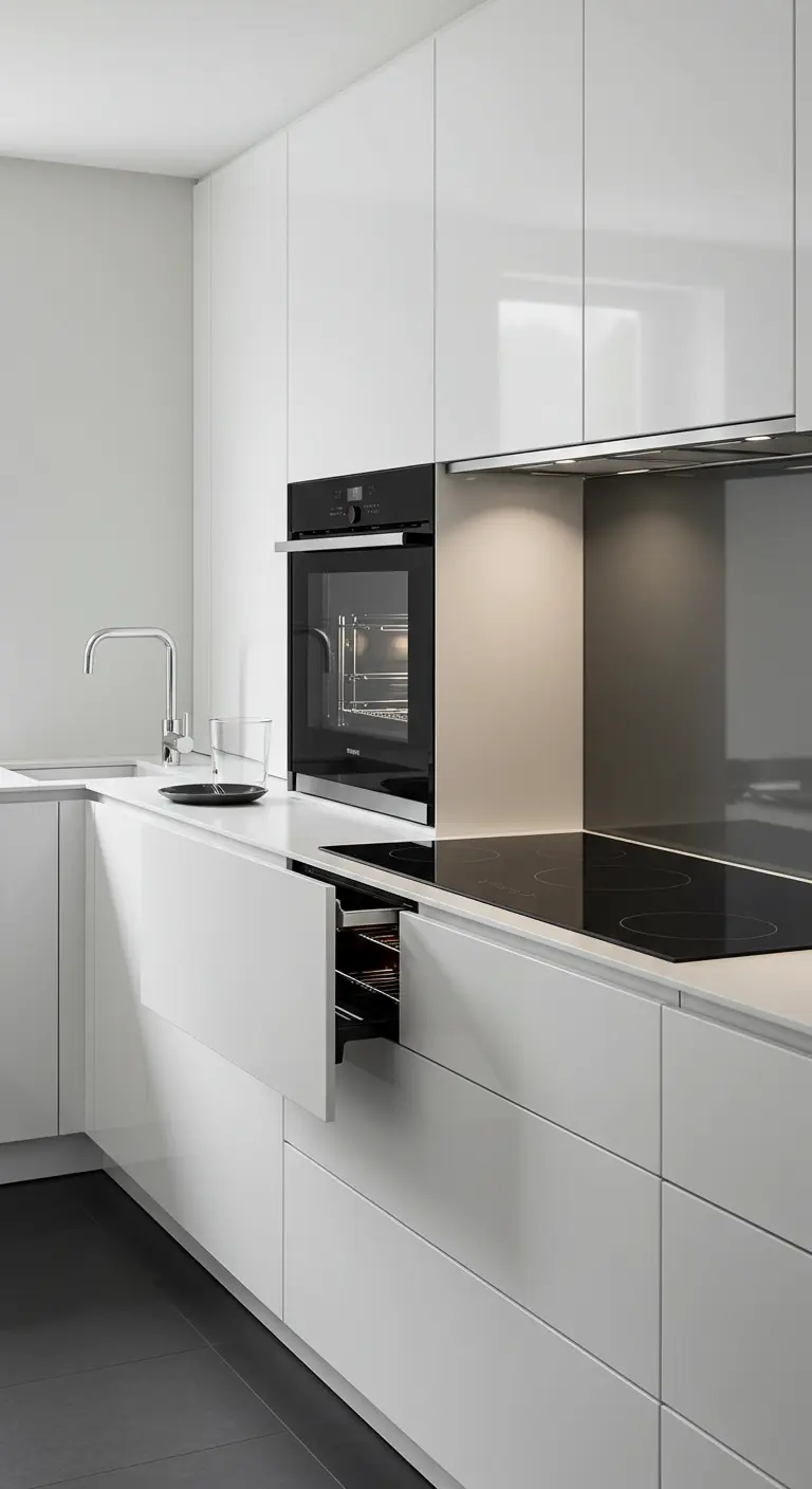 Strakke witte keuken met ingebouwde oven en glazen achterwand.