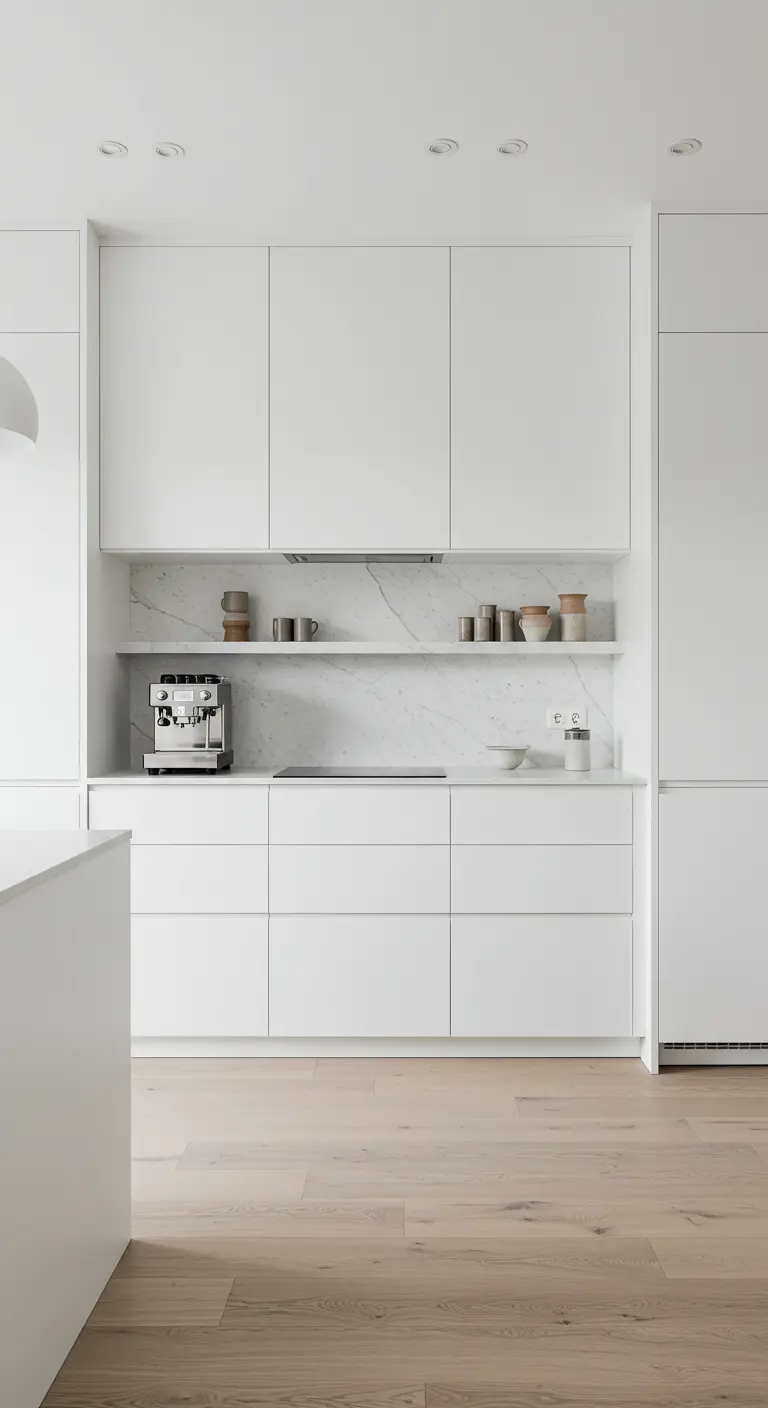 Strakke witte keuken met een subtiele wit marmeren achterwand en open plank.