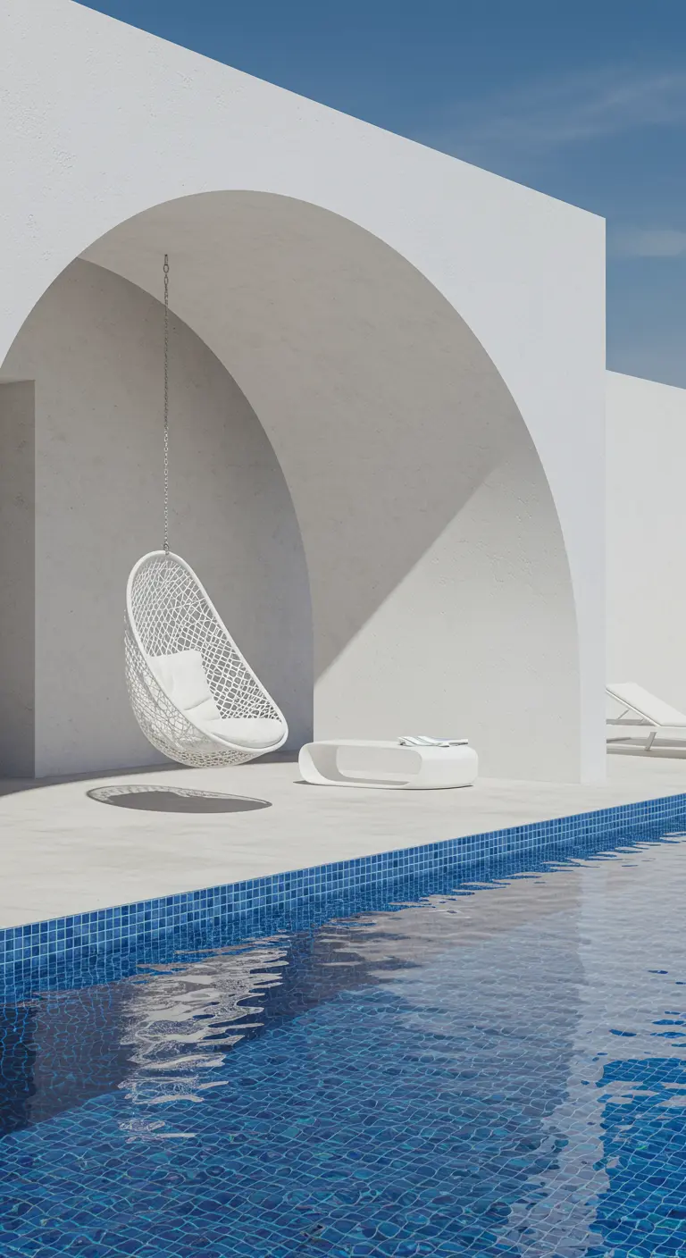 Witte design hangstoel onder een strakke witte boog naast een zwembad.