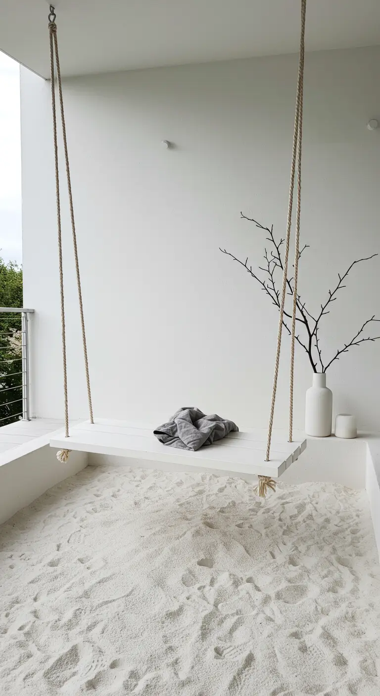 Eenvoudige witte houten schommelplank met grijze plaid en vaas op wit zand.