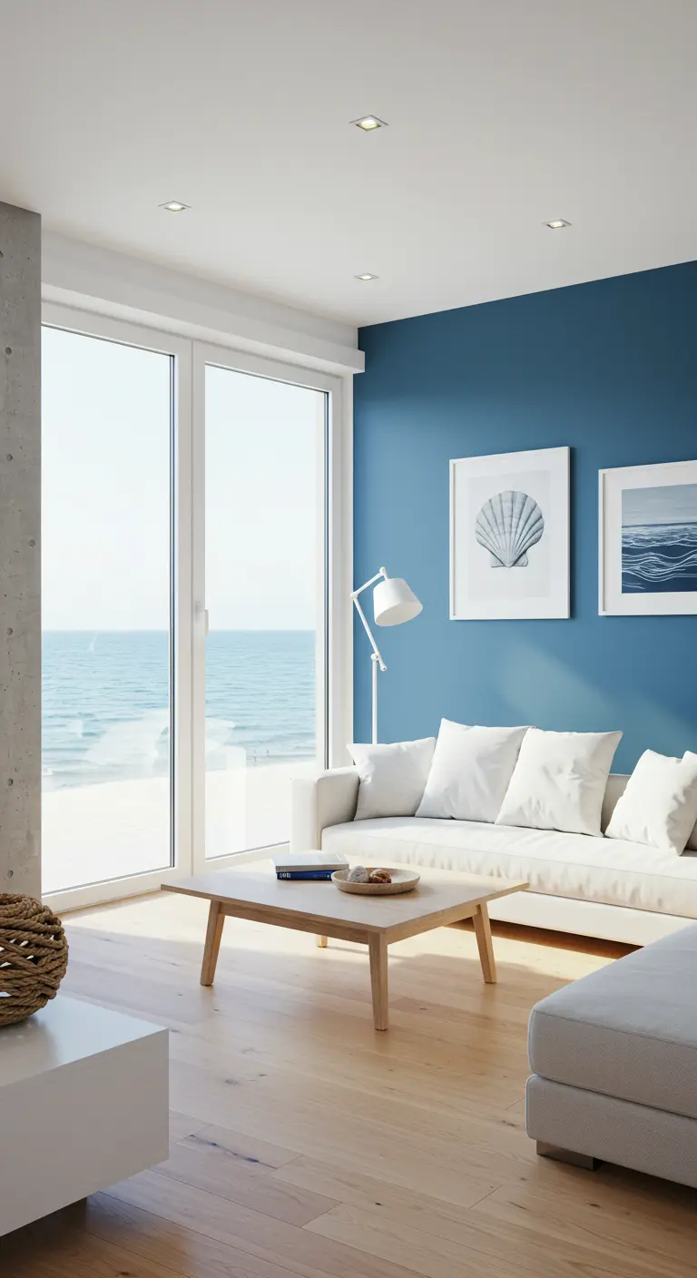 Minimalistische woonkamer met blauwe accentmuur, witte bank en zeezicht.