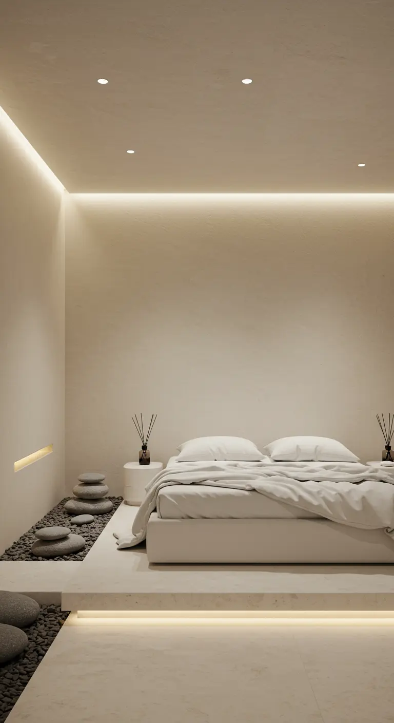 Minimalistische slaapkamer met lichte beige muren, verborgen LED-verlichting, kiezelstenen en laag bed.