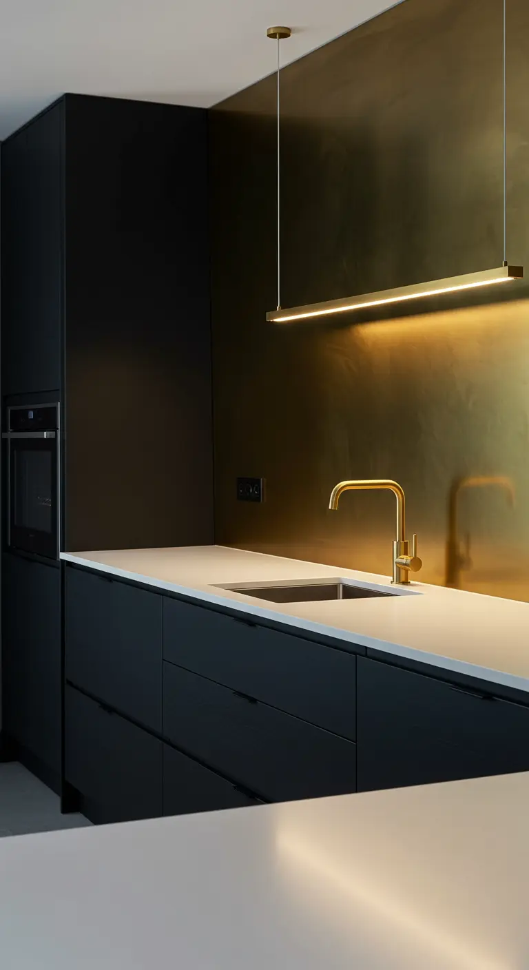 Moderne zwarte keuken met bronskleurige achterwand, slanke messing lichtstrip en messing kraan.