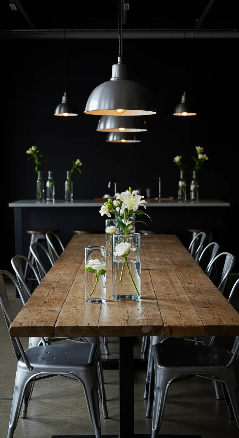 Moderne eetkamer met een lange houten tafel, zwarte muren, witte lelies in glazen vazen en metalen stoelen.