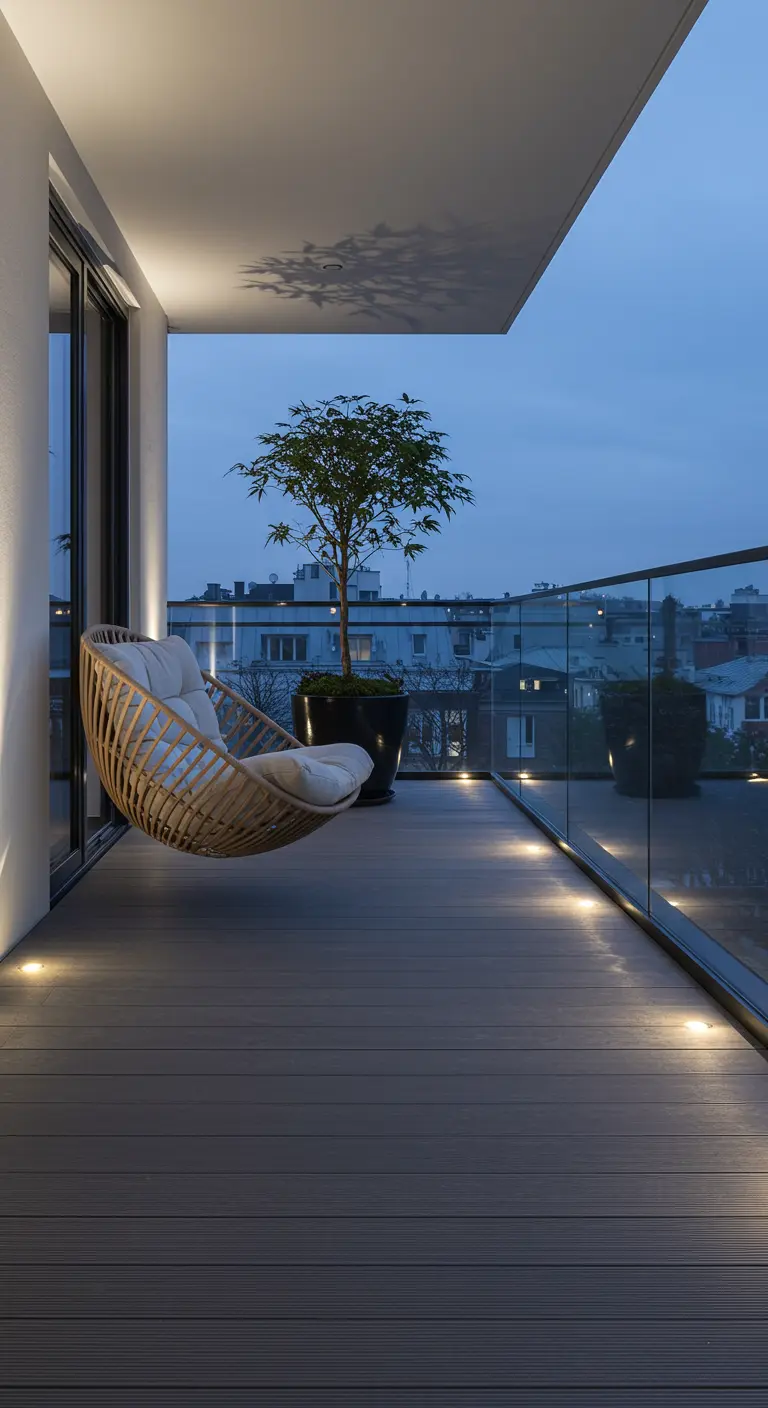 Rotan hangstoel op modern balkon met spotjes en uitzicht op de stad.