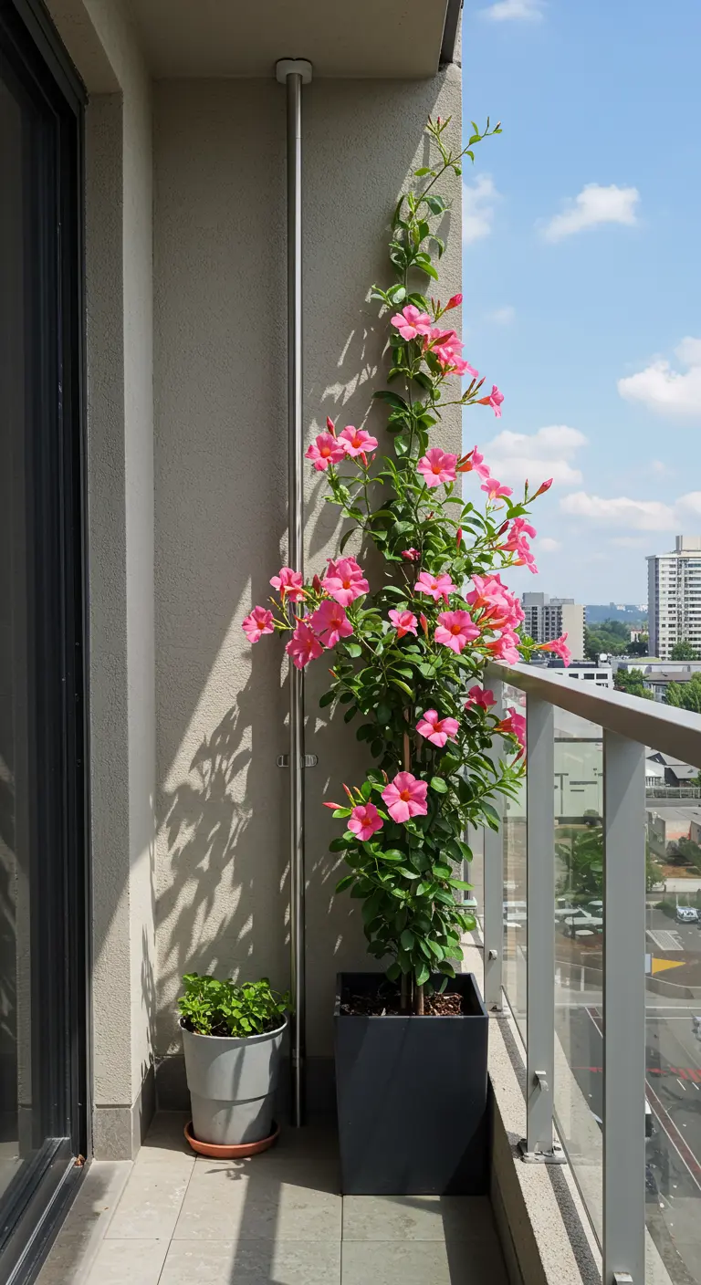 Roze Mandevilla klimplant groeit langs een metalen paal op een modern balkon.