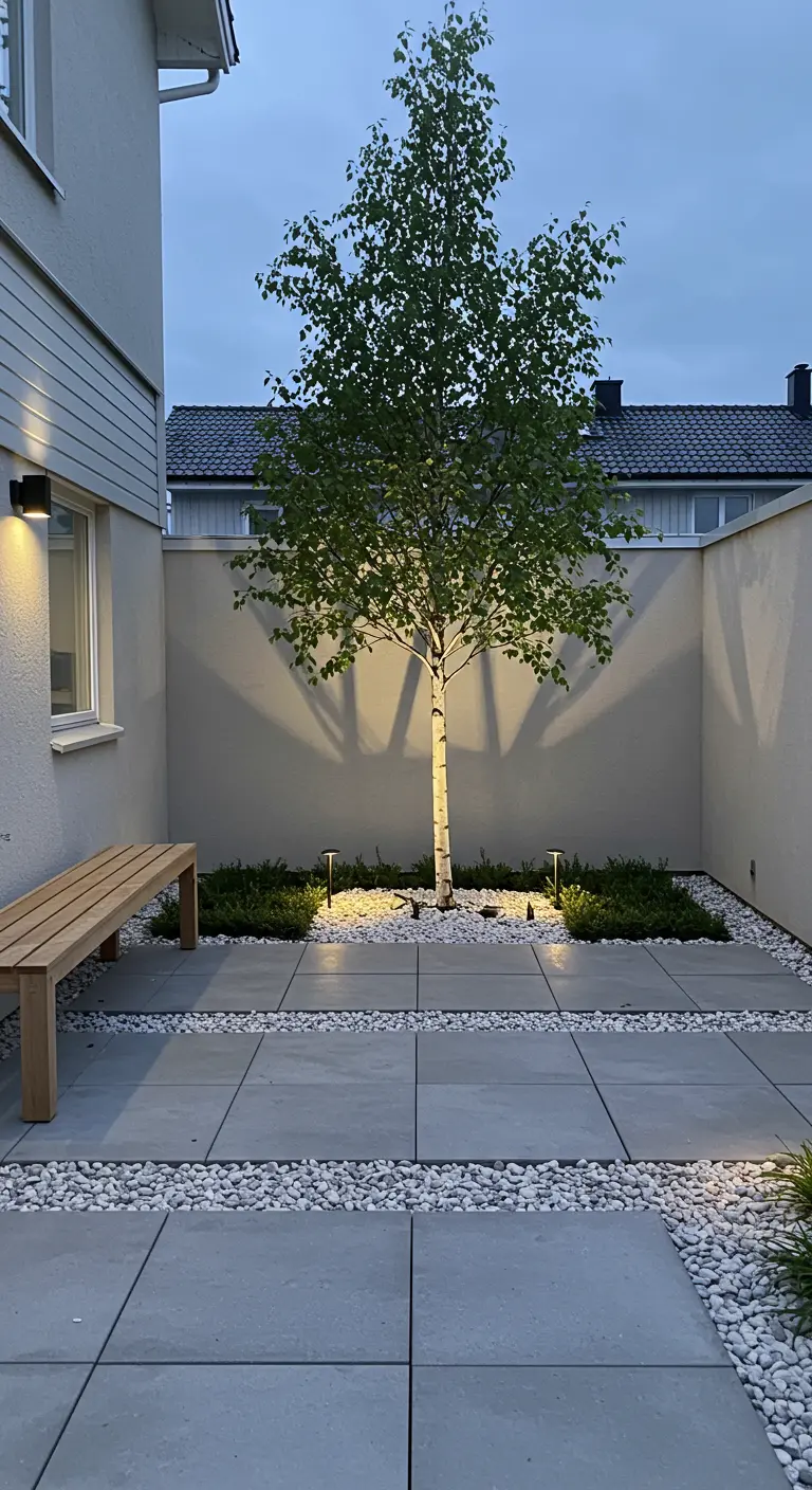 Minimalistische achtertuin met een berk als centraal punt, stenen tegels, witte kiezels en een houten bankje.